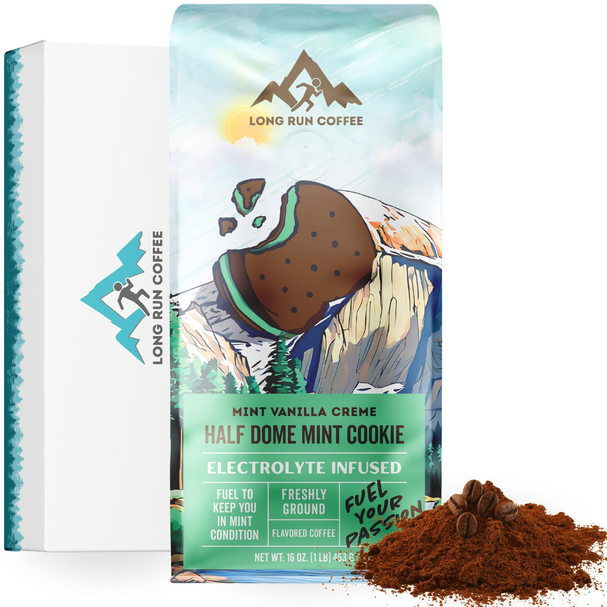 Long Run Coffee mint cookie 1lb bag close-up showing hydration-friendly premium coffee.