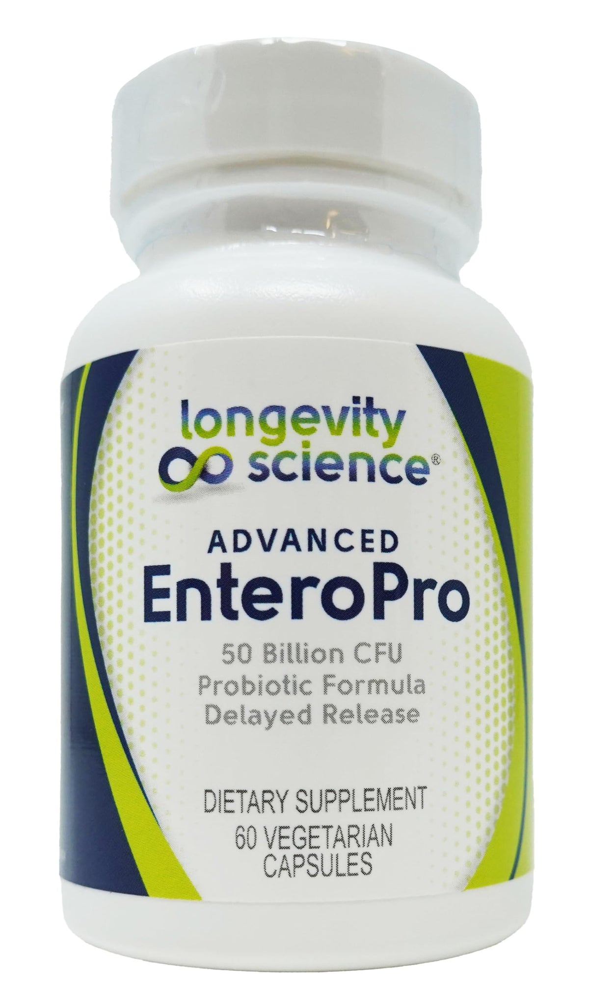 Longevity Science EnteroPro bottle label displaying probiotic blend