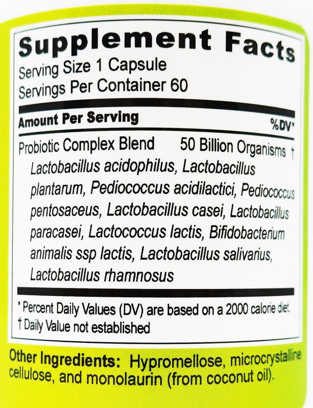 Nutrition/label area highlighting 50 Billion CFU probiotic blend