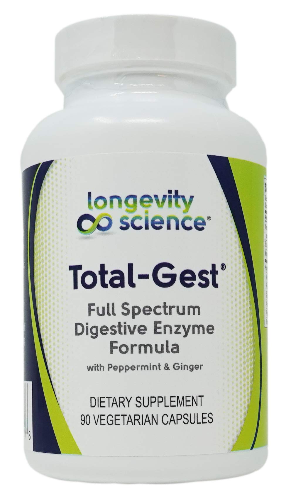 Longevity Science Total Gest Full Spectrum Digestive Enzyme Formula bottle with 90 vegetarian capsules