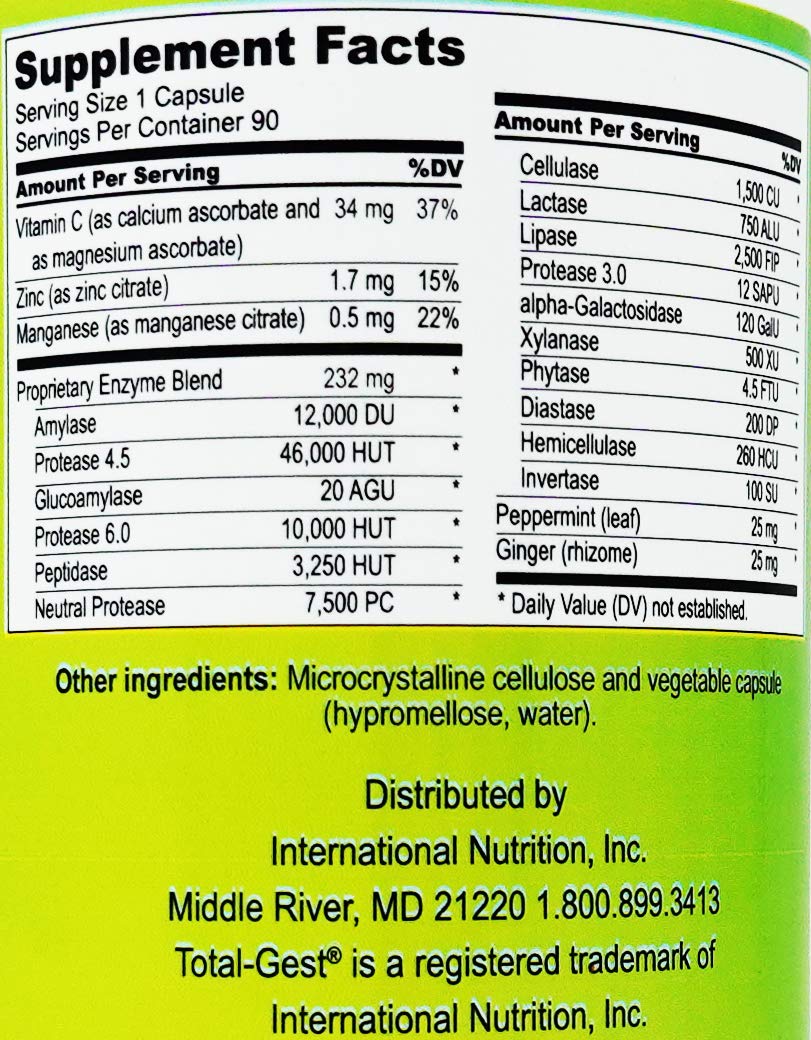 Marketing image showing key ingredients: proprietary enzyme blend, vitamin C, zinc, peppermint, and ginger