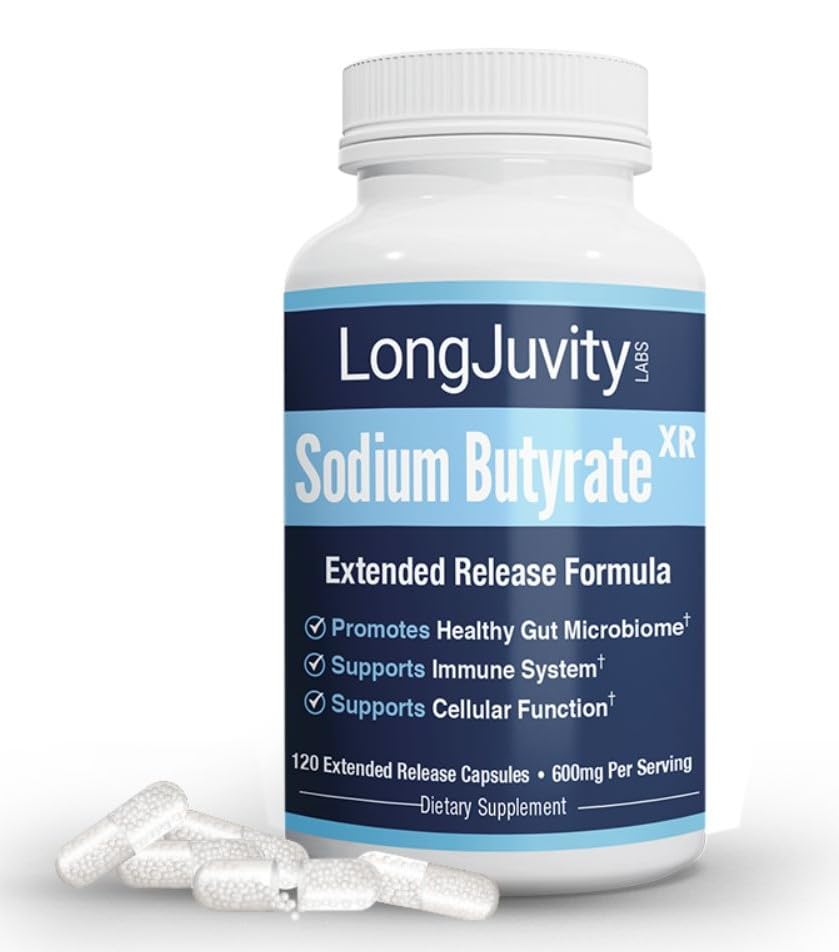 LongJuvity Sodium Butyrate supplement bottle with 120 extended-release capsules.