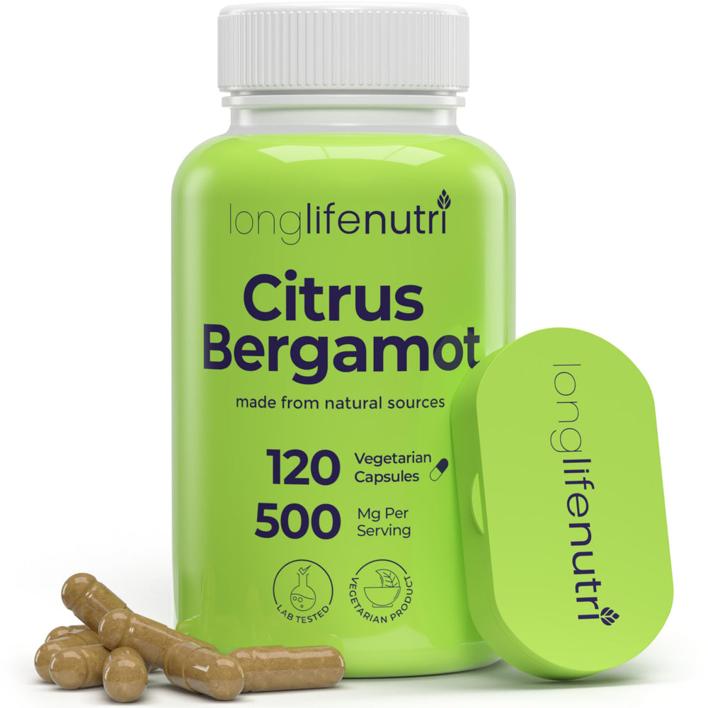 LongLifeNutri Citrus Bergamot Extract 500mg bottle with 120 vegetarian capsules