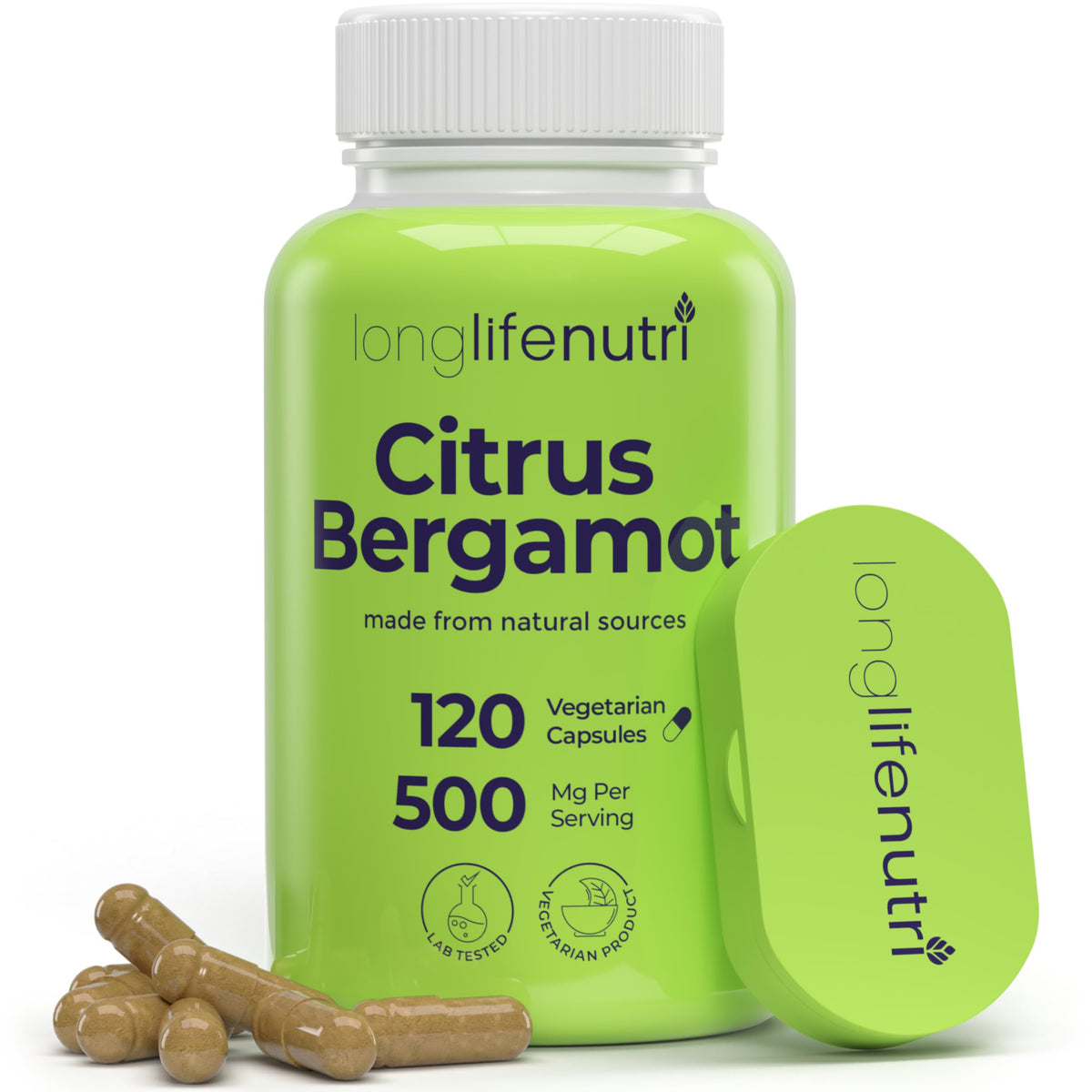 LongLifeNutri Citrus Bergamot Extract 500mg bottle with 120 vegetarian capsules