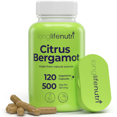 LongLifeNutri Citrus Bergamot Extract 500mg bottle with 120 vegetarian capsules