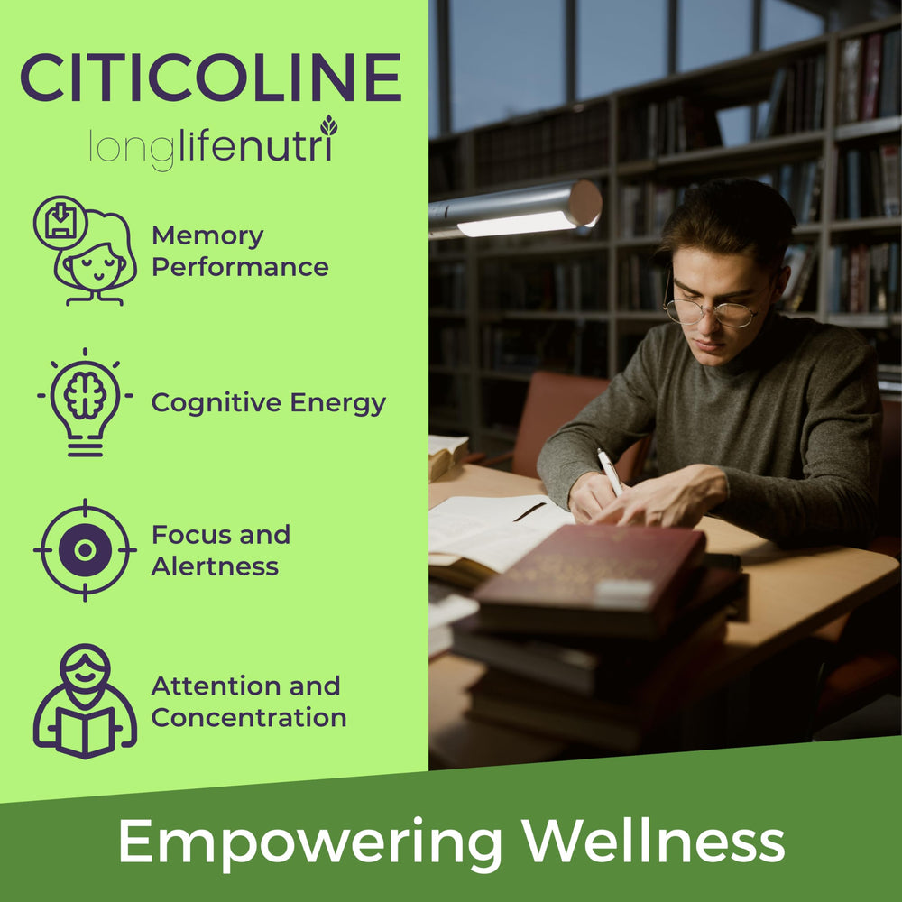 Front label of LongLifeNutri Citicoline bottle