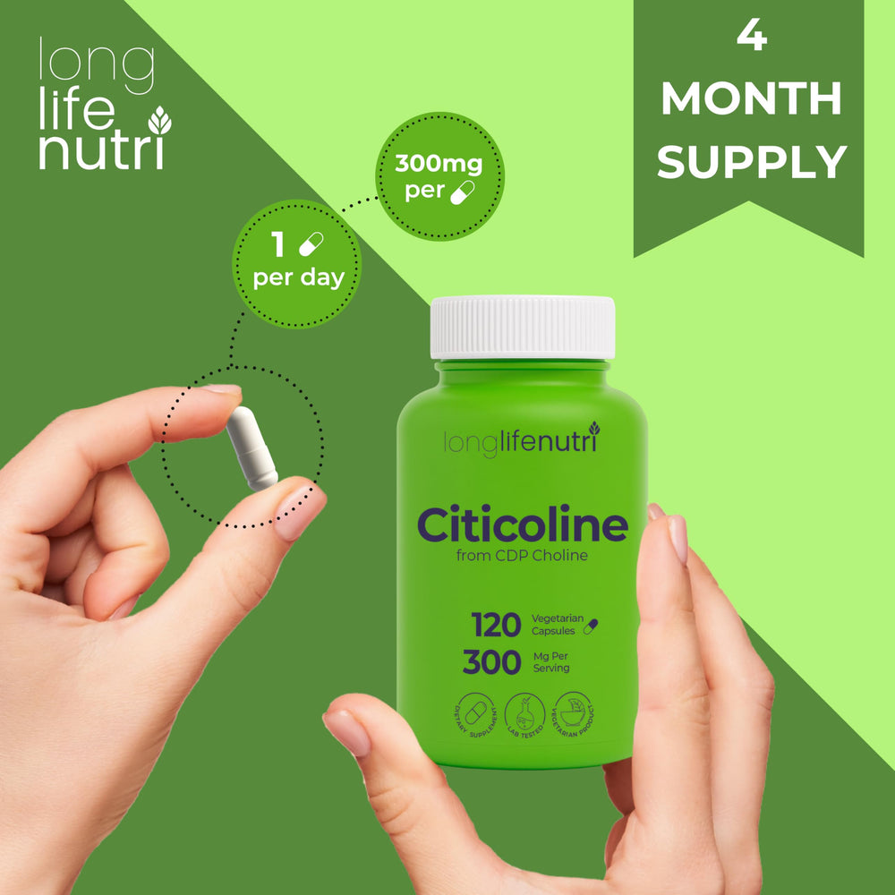 Open bottle showing 120 vegetarian capsules