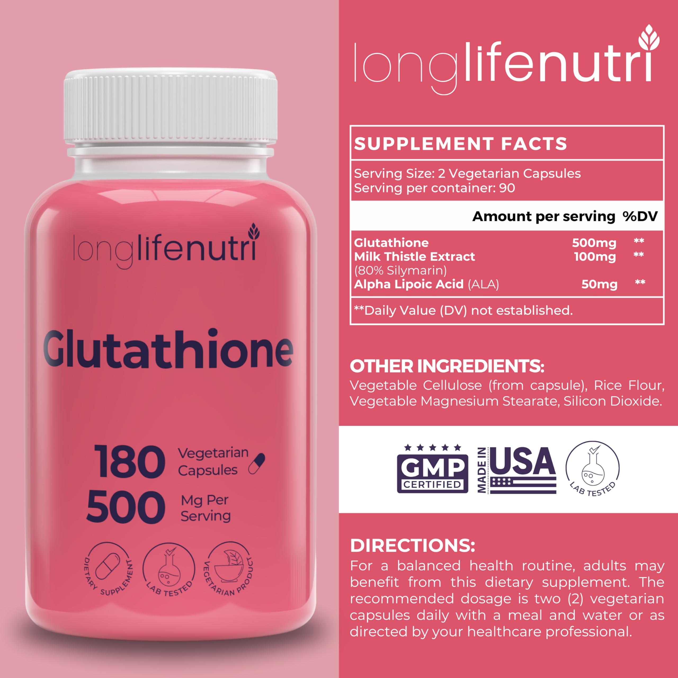 LongLifeNutri Glutathione produced in USA in a GMP-certified facility