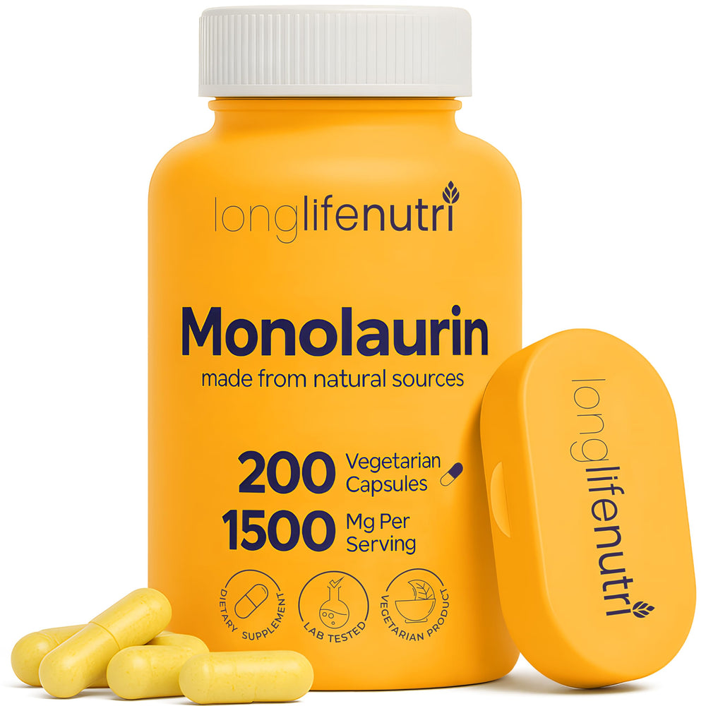 LongLifeNutri Monolaurin 1500mg bottle with 200 vegetarian capsules