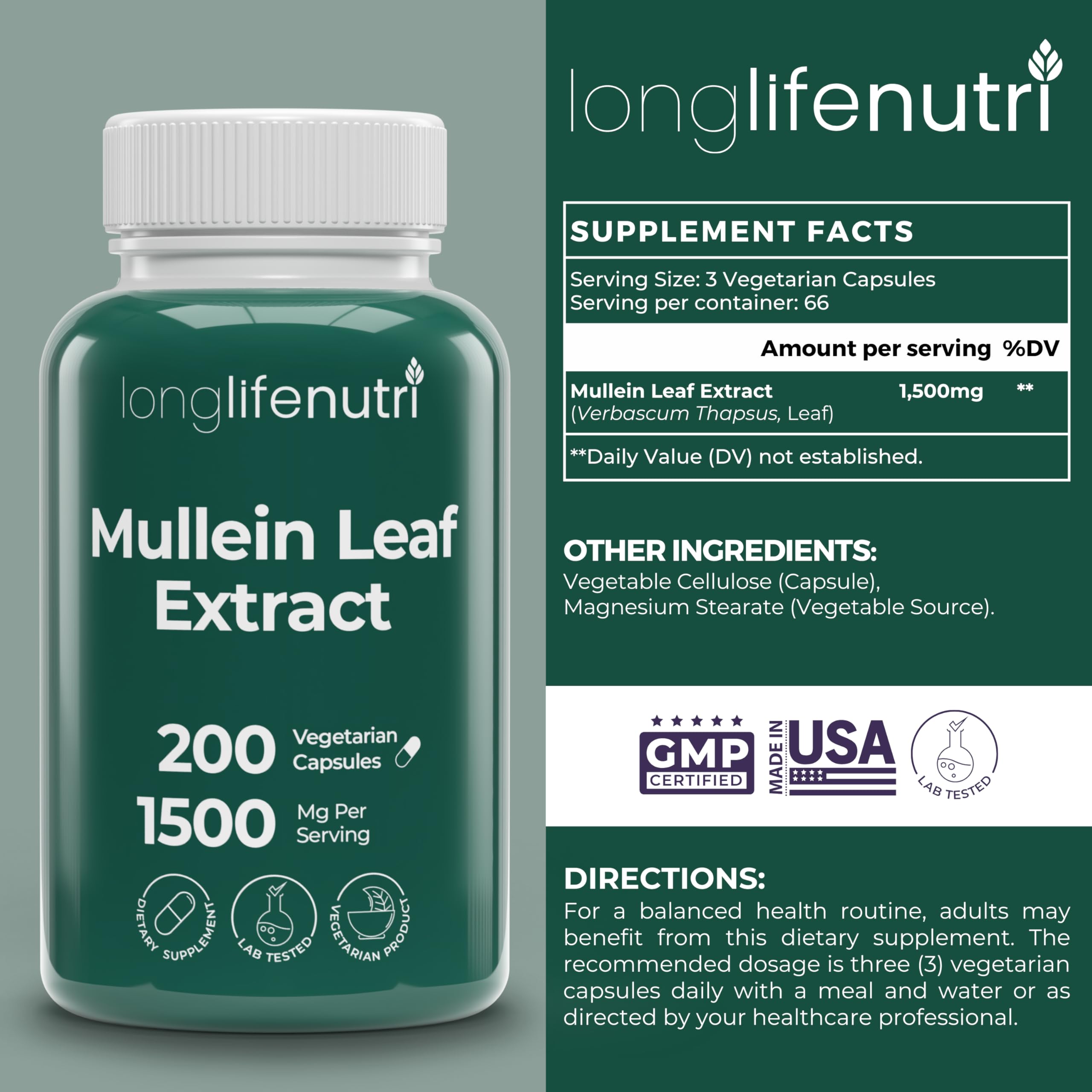 Bottle of LongLifeNutri Mullein Leaf capsules showing 200-count, 2-month supply