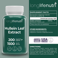 Bottle of LongLifeNutri Mullein Leaf capsules showing 200-count, 2-month supply