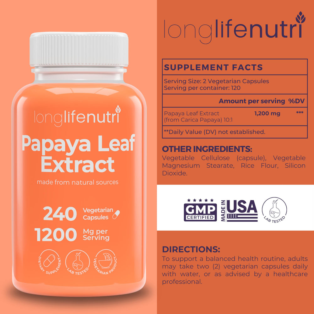 Close-up of Papaya Leaf Extract 1200mg per serving label