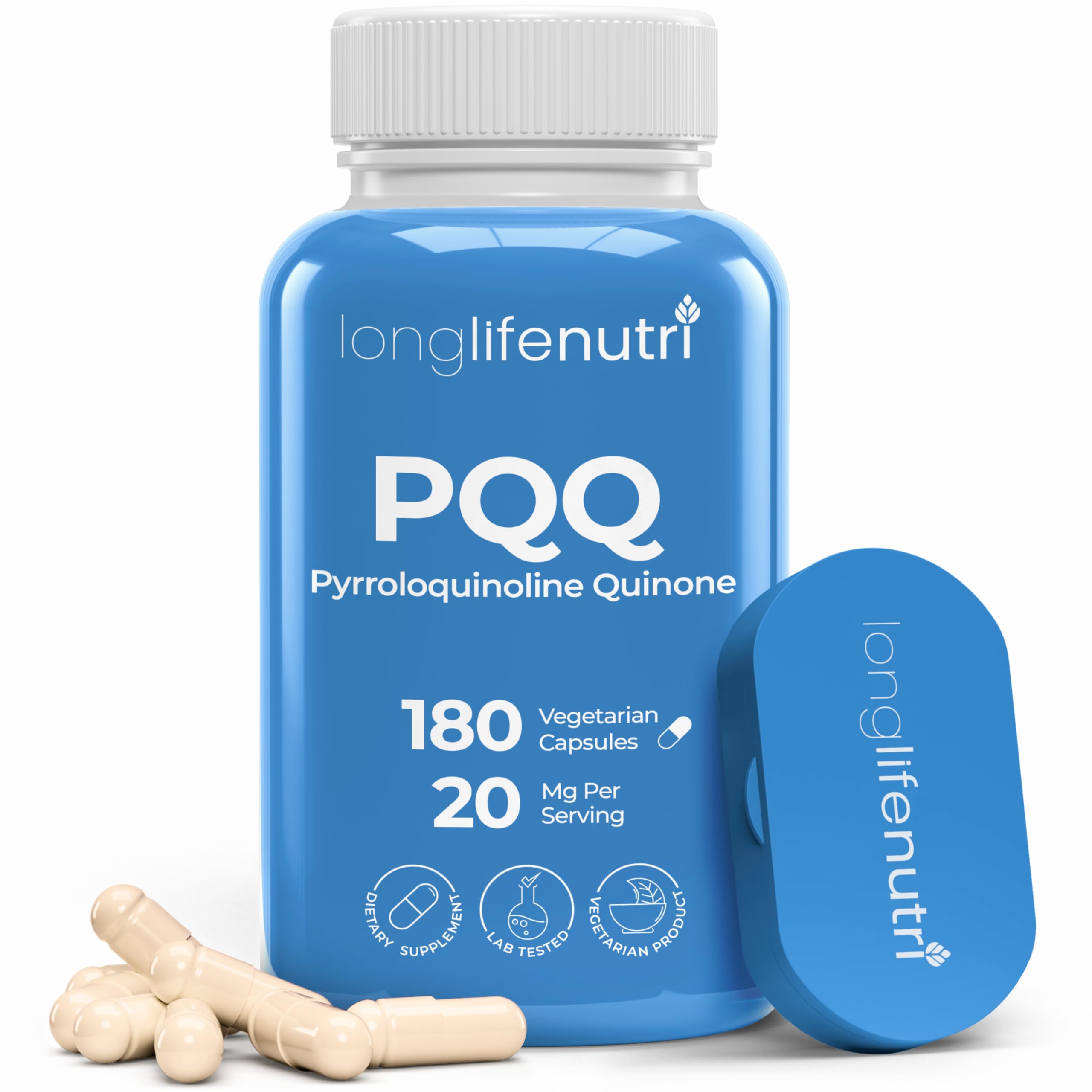 Front view of LongLifeNutri PQQ 20mg bottle