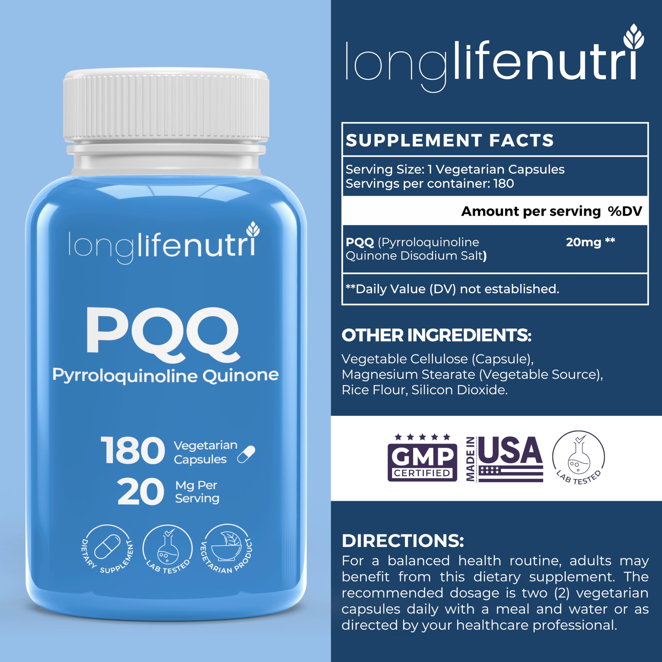 Close-up of PQQ 20mg label