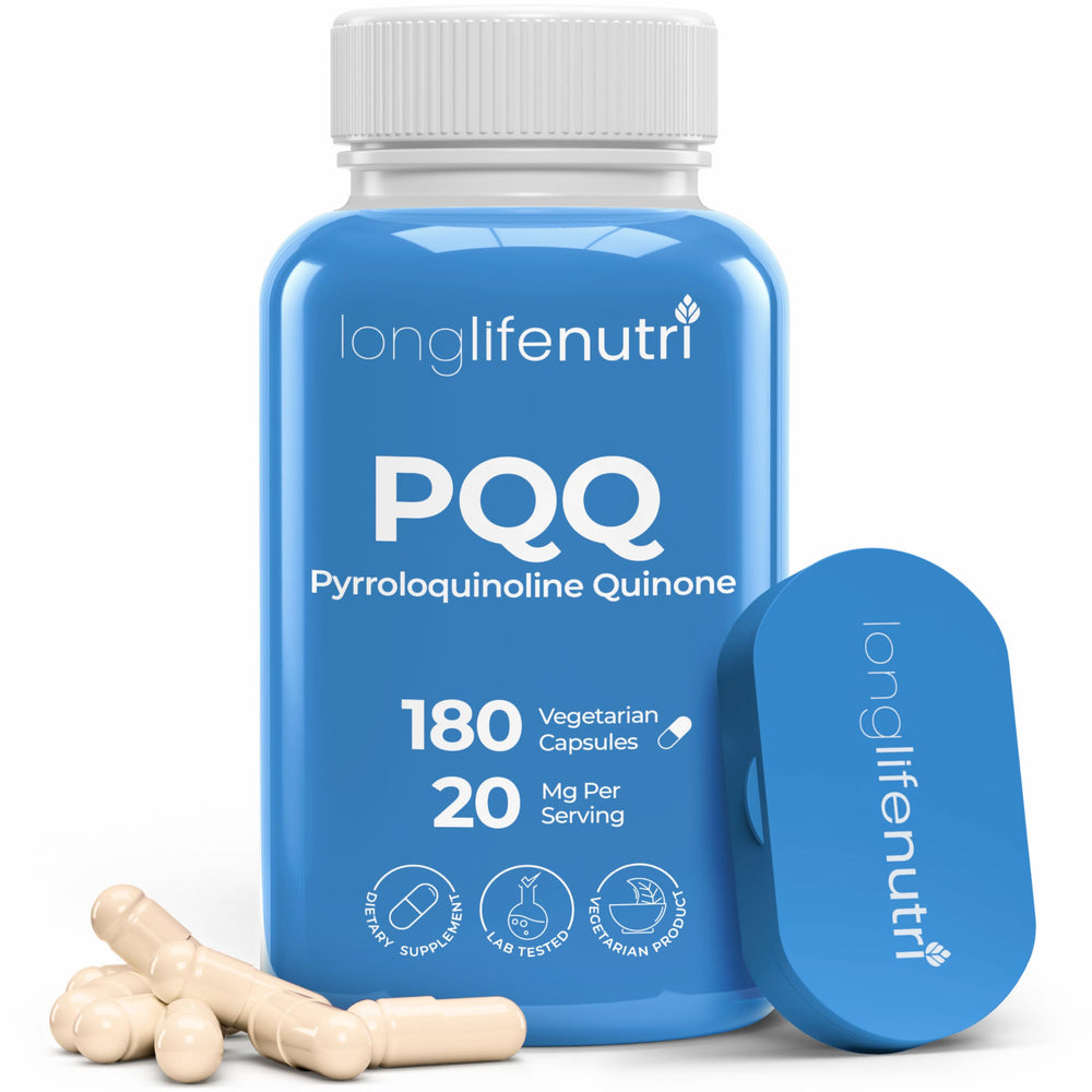 LongLifeNutri PQQ 20mg bottle with 180 vegetarian capsules