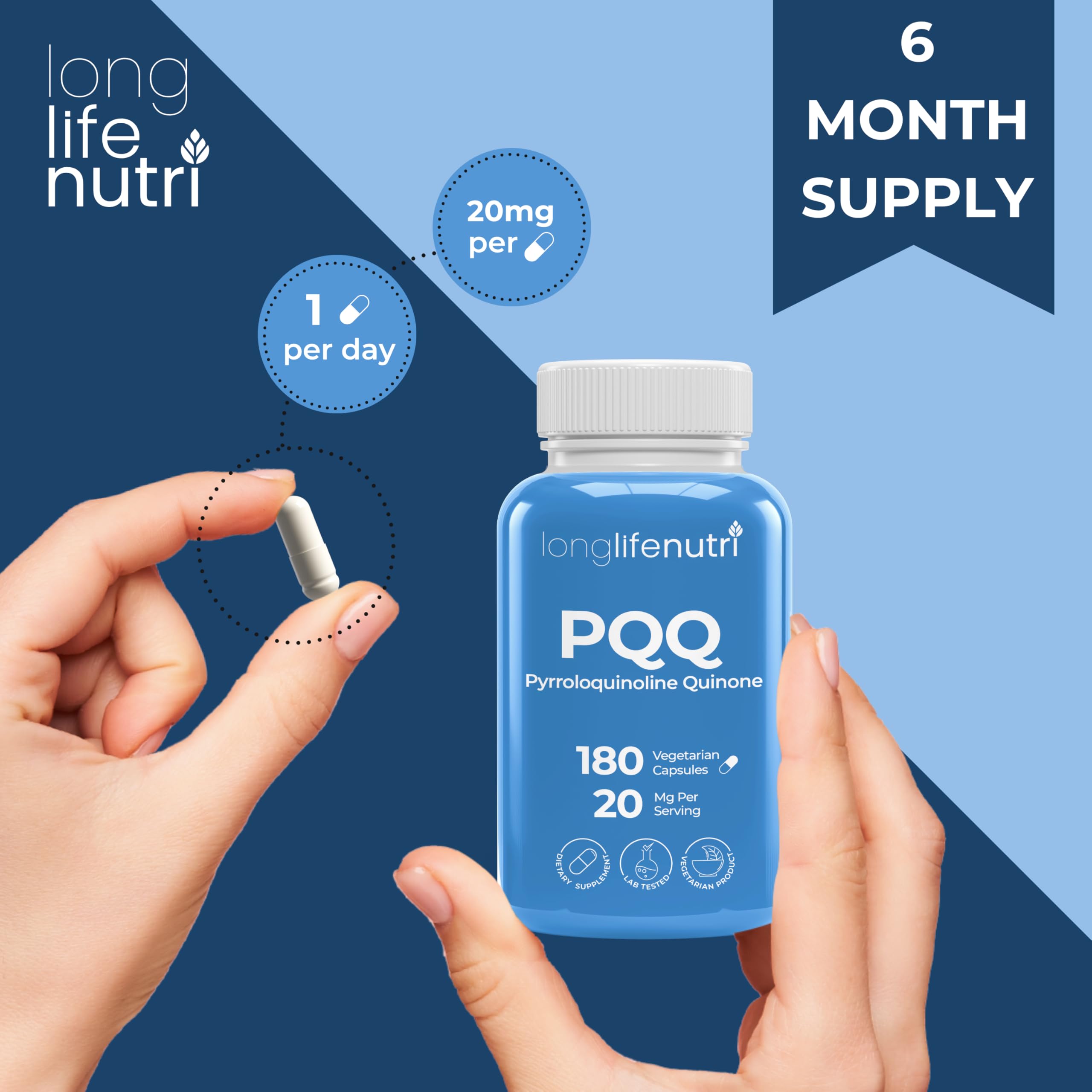 One LongLifeNutri PQQ capsule in focus