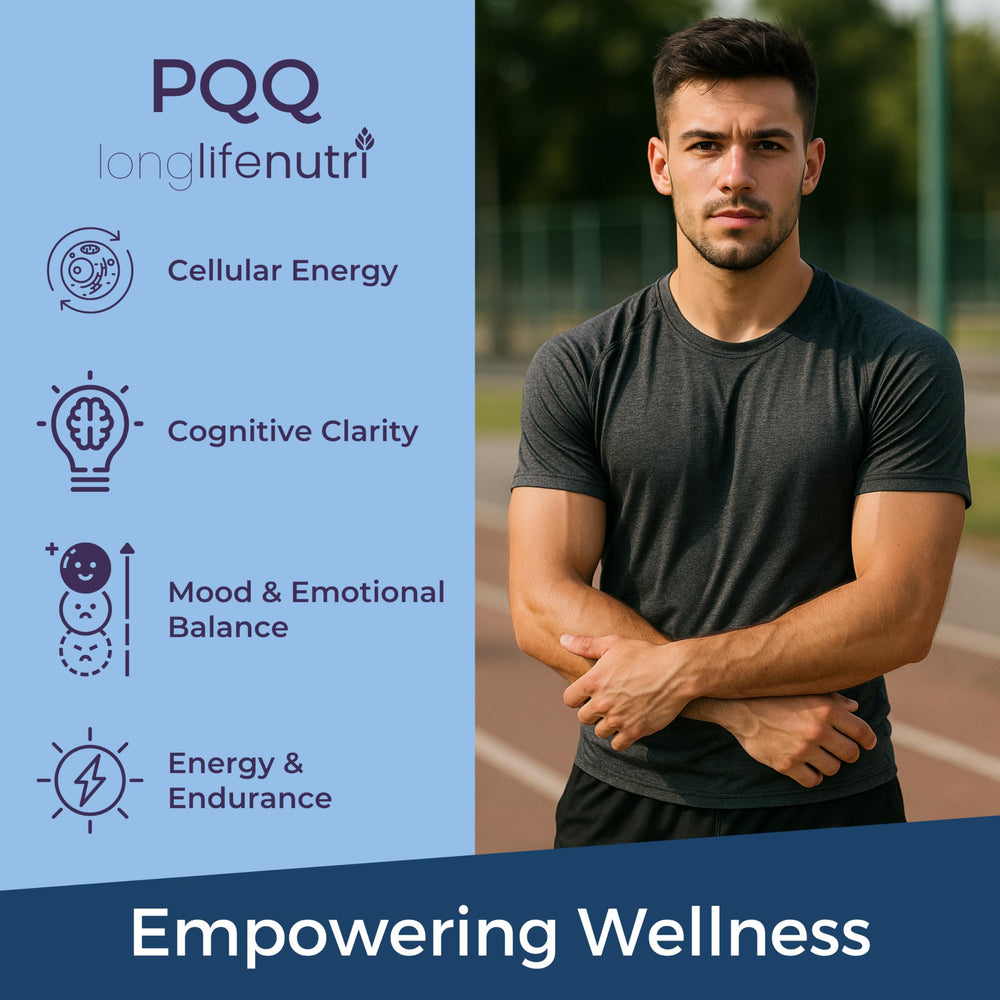 LongLifeNutri PQQ in hand showing portable daily energy and focus benefits.