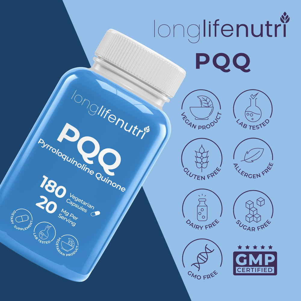 LongLifeNutri PQQ packaging box with 180 capsules and product details.