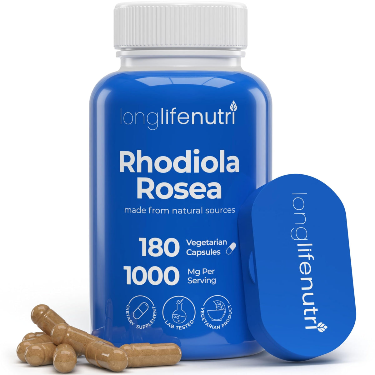 LongLifeNutri Rhodiola Rosea 1000mg bottle with 180 vegetarian capsules
