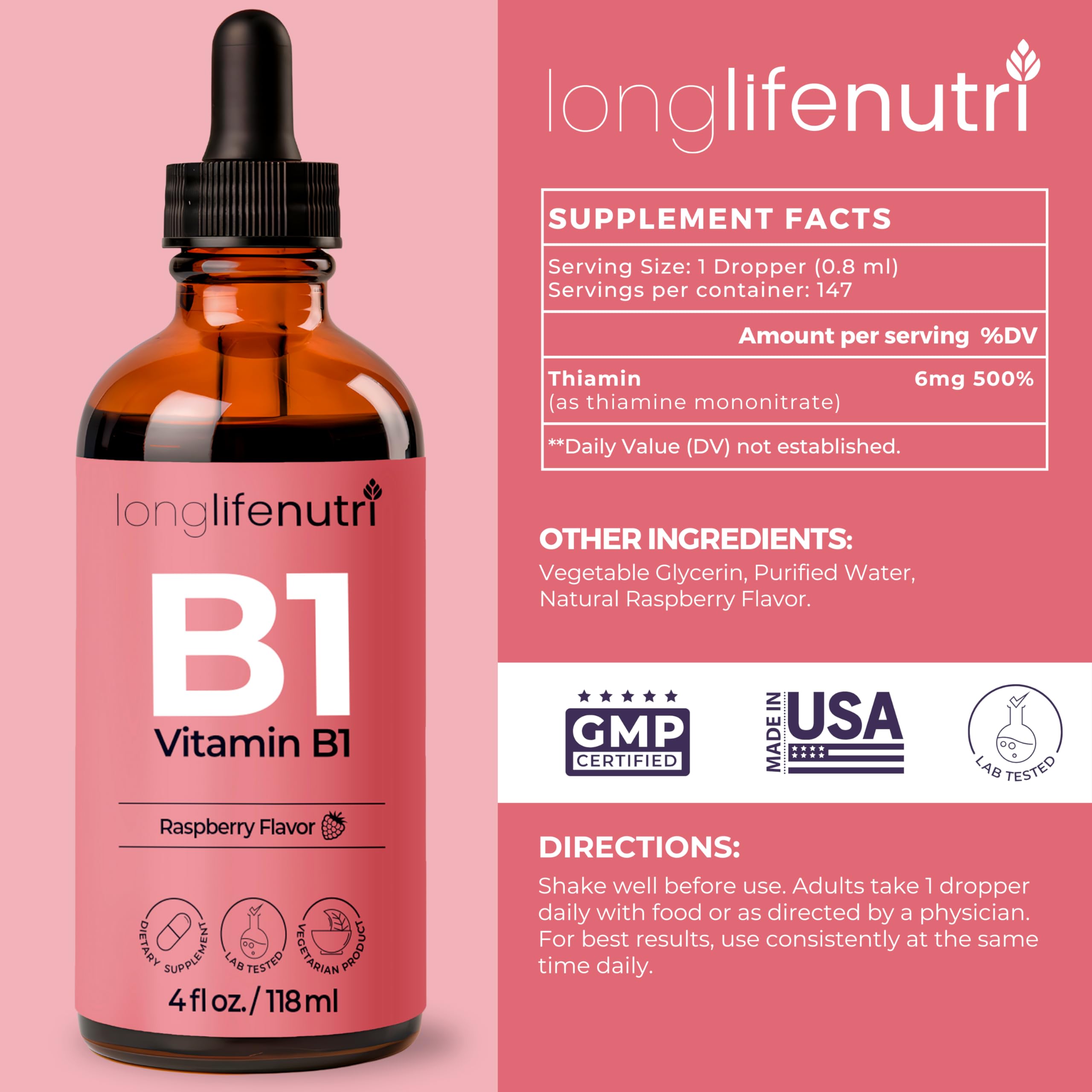 Close-up of LongLifeNutri Vitamin B1 Liquid Drops bottle