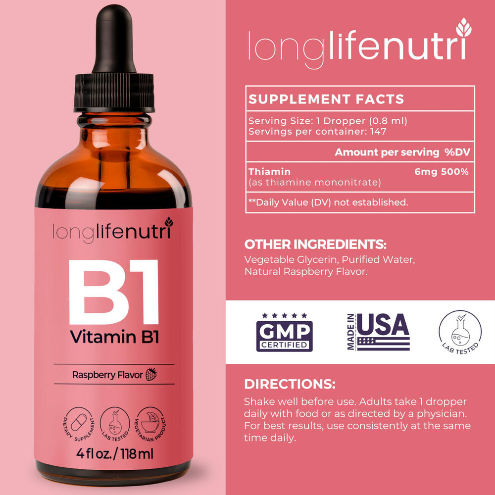Close-up of LongLifeNutri Vitamin B1 Liquid Drops bottle