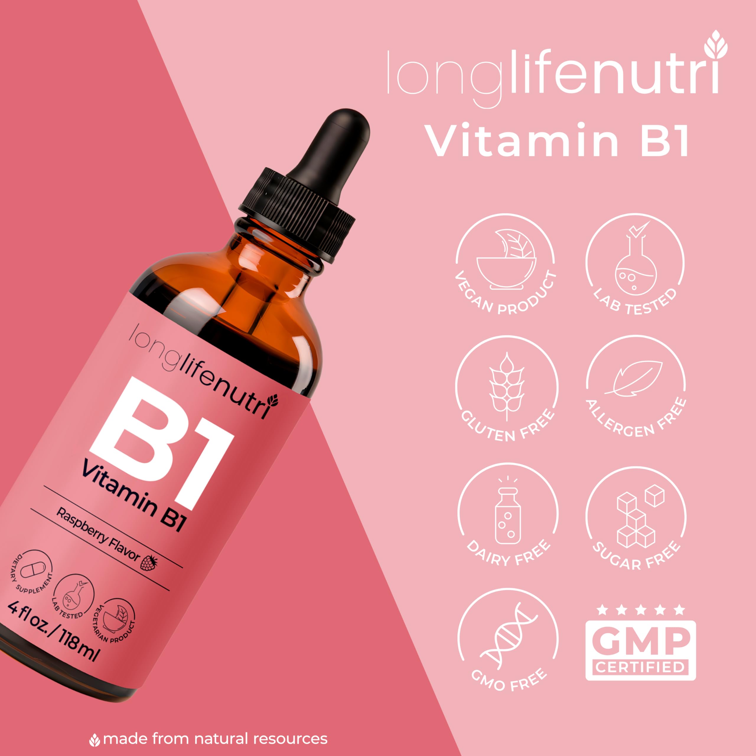 4 fl oz bottle showing daily dosage for Vitamin B1 liquid drops