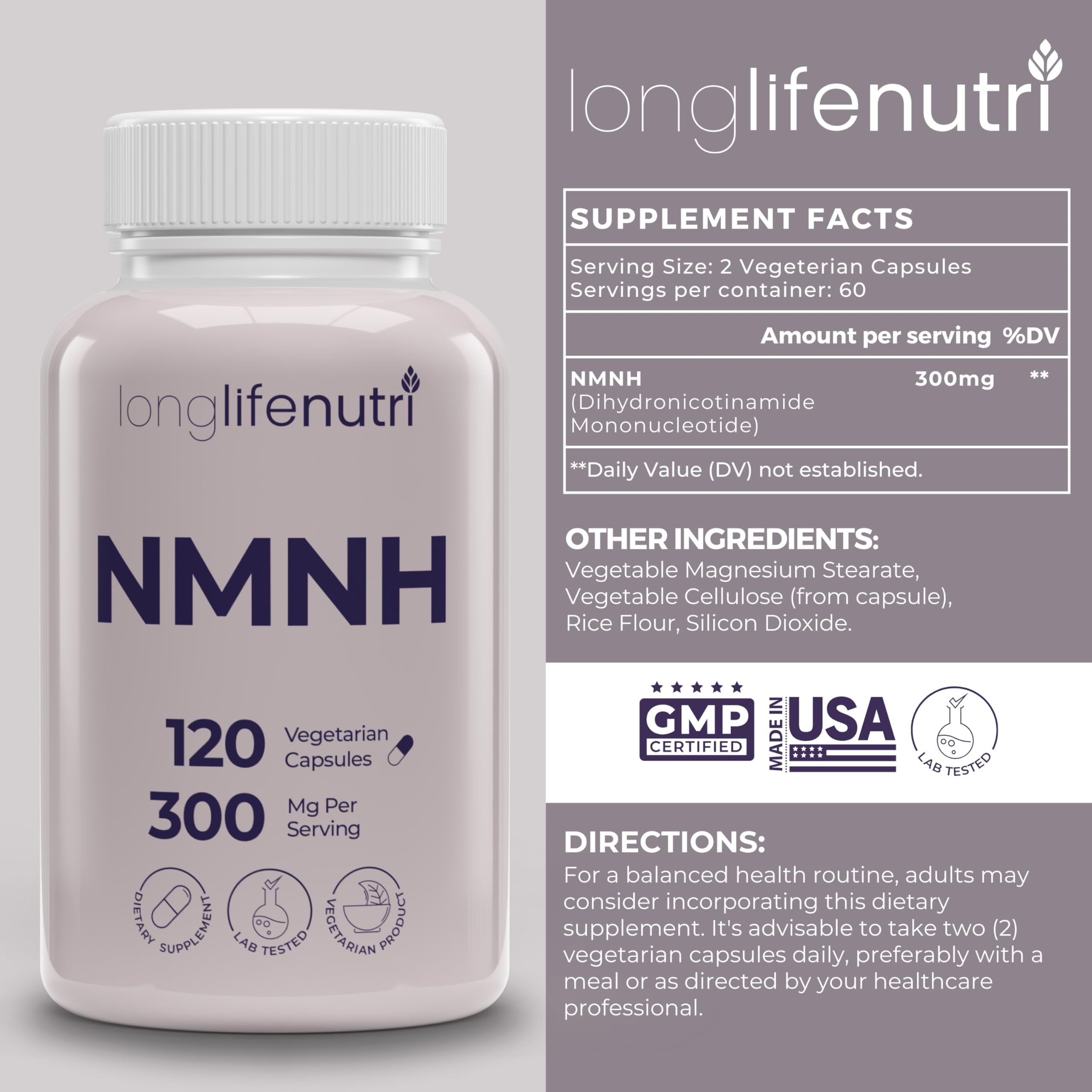 Detailed ingredients of LongLifeNutri NMNH 300mg