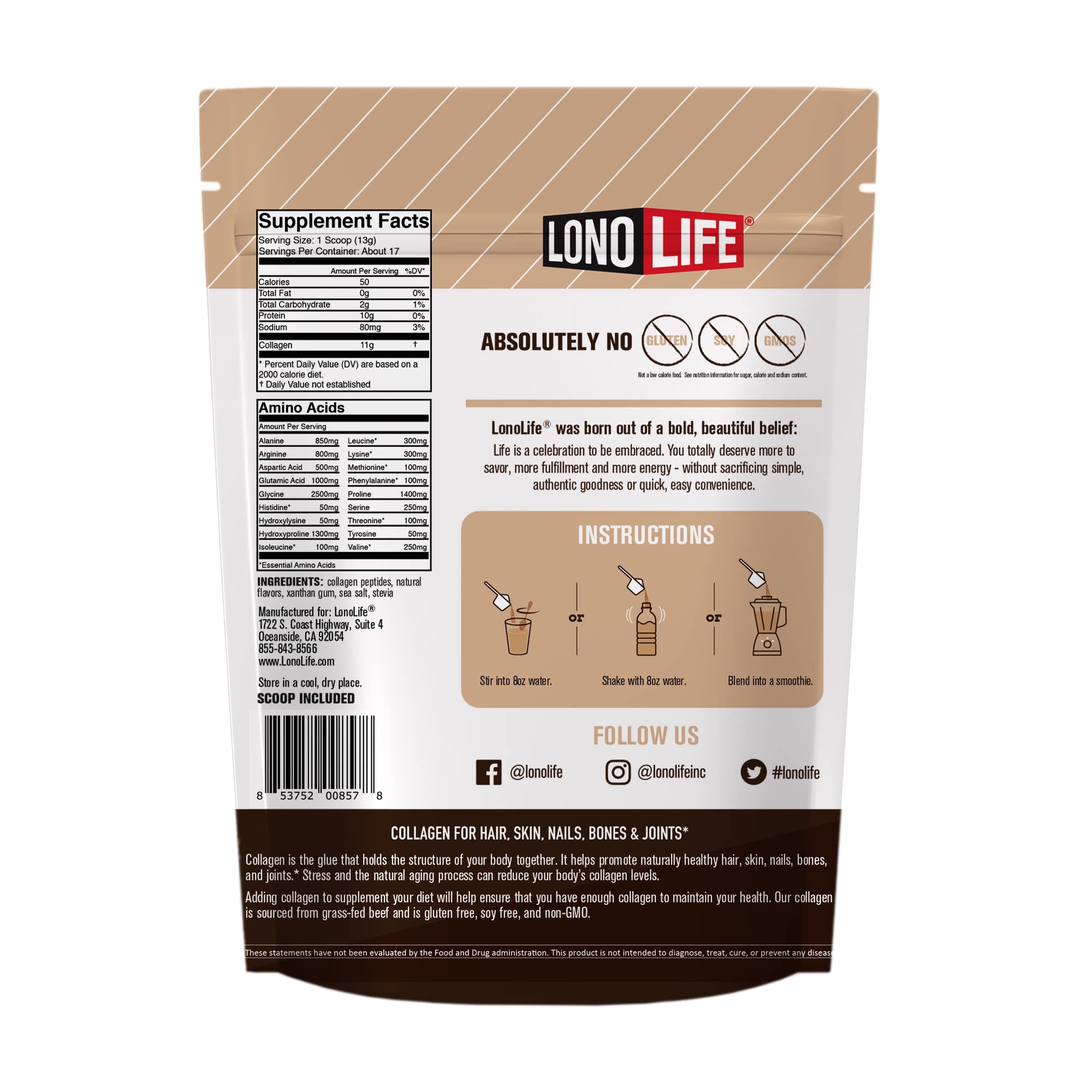 LonoLife Mocha Collagen Peptides stick packs