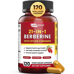 Bottle of Lookatool 21-in-1 Berberine with Ceylon Cinnamon and 120 capsules on white background