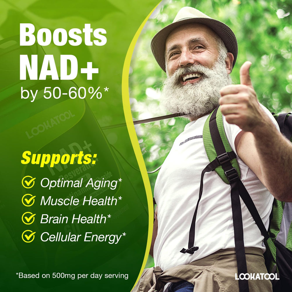 Close-up of Lookatool NAD+ Resveratrol Liposomal 60 capsules label