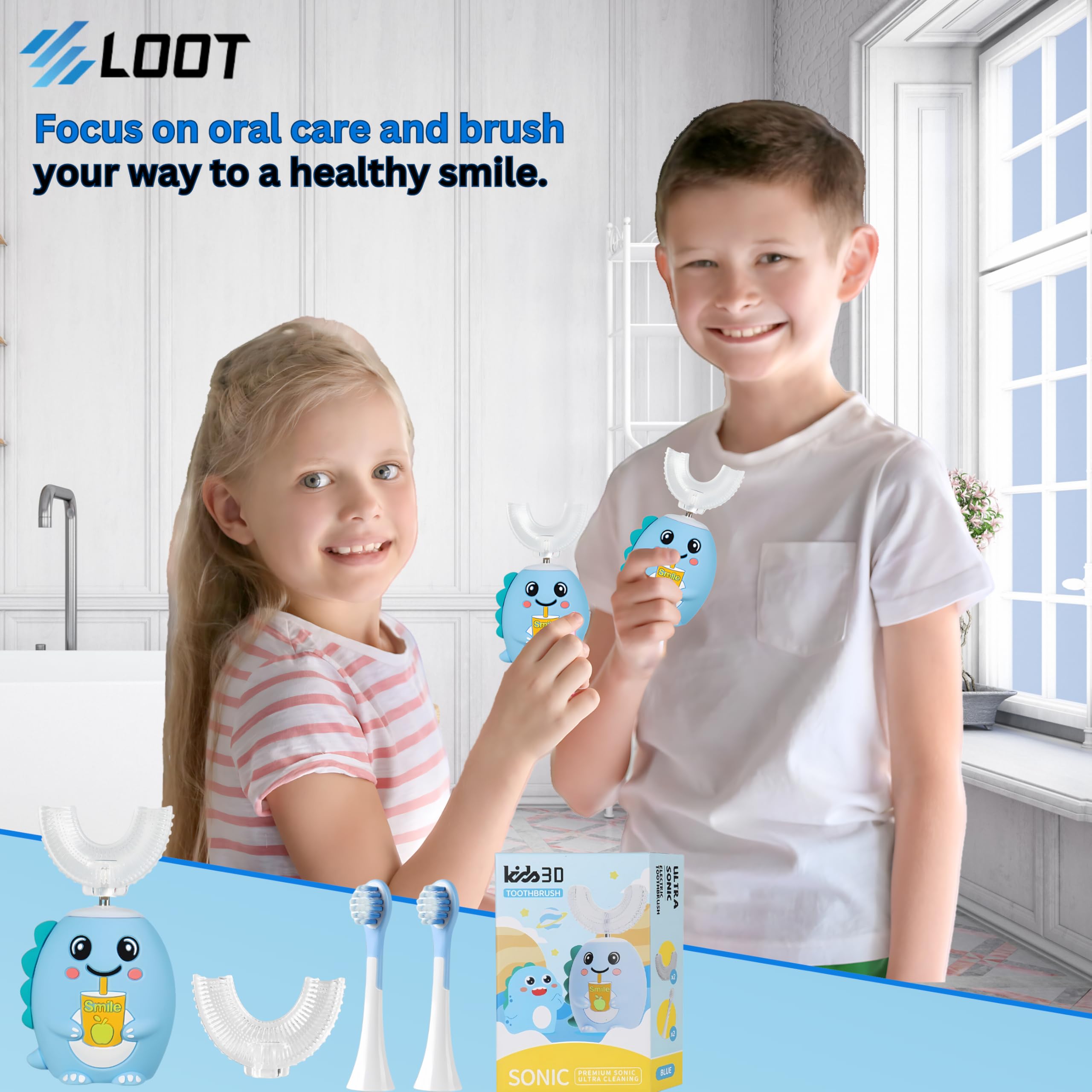 IPX7 waterproof LOOT Kids U Shaped Electric Toothbrush blue