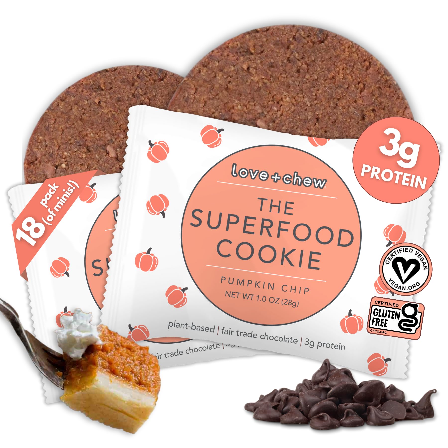 Love + Chew mini cookie pumpkin chip front close-up highlighting plant-based protein.