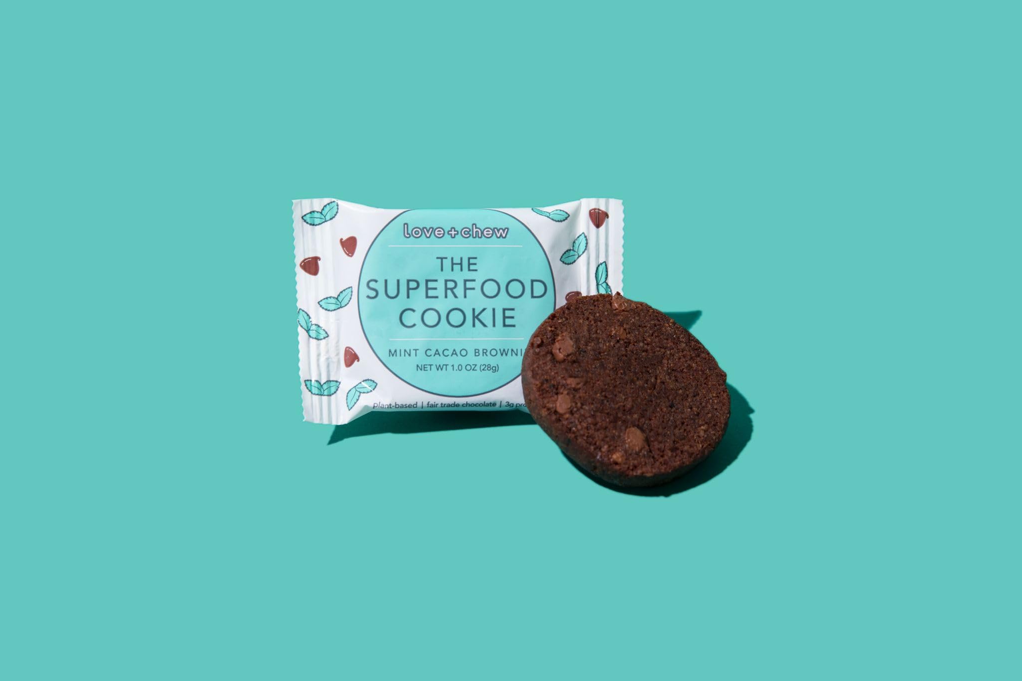 Love + Chew mint cacao cookie plated for mindful snack