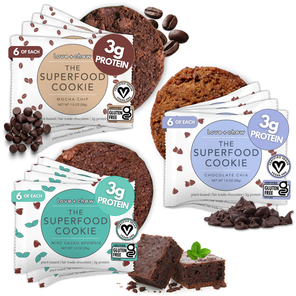 Love + Chew Superfood MINI Cookies packaging shows variety, convenient snack