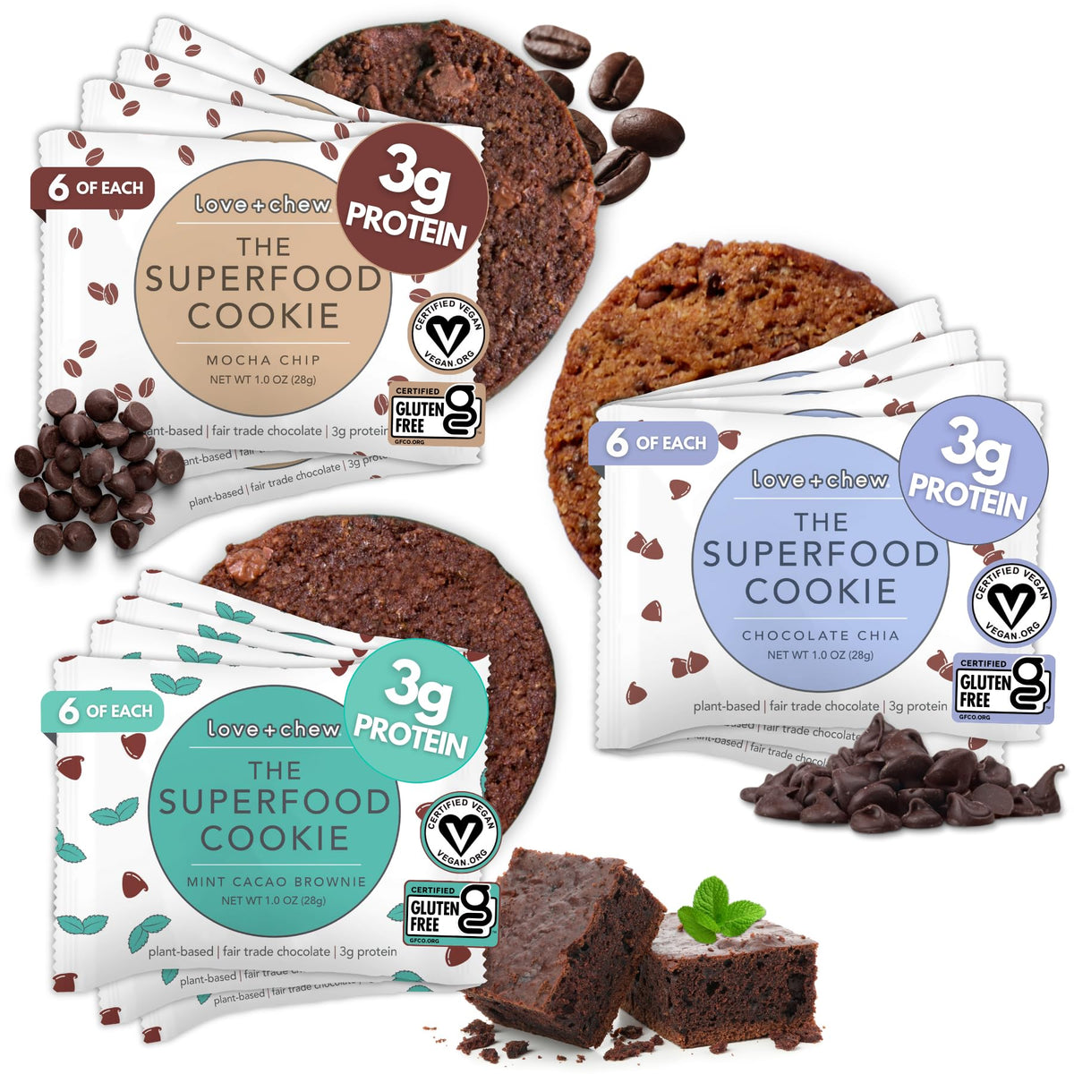 Love + Chew Superfood MINI Cookies packaging shows variety, convenient snack