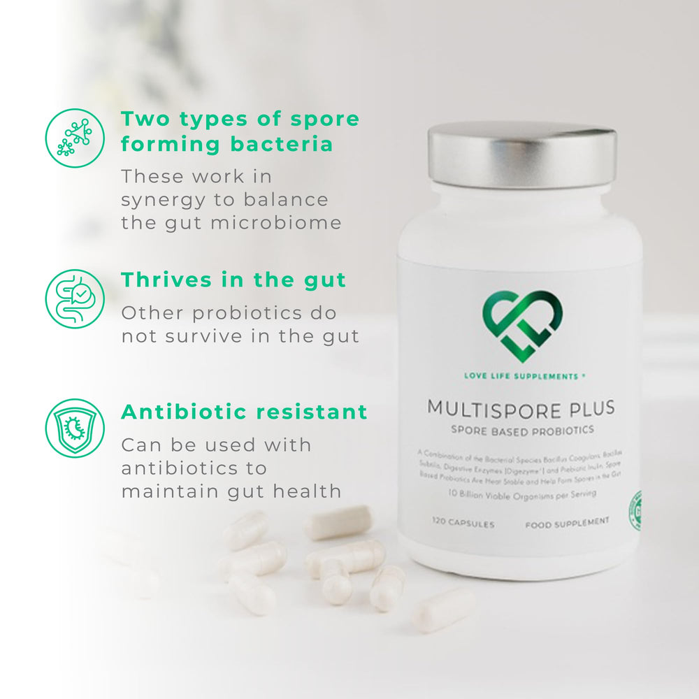 Love Life Supplements MultiSpore Plus capsules closeup: 10 billion viable organisms per serving.