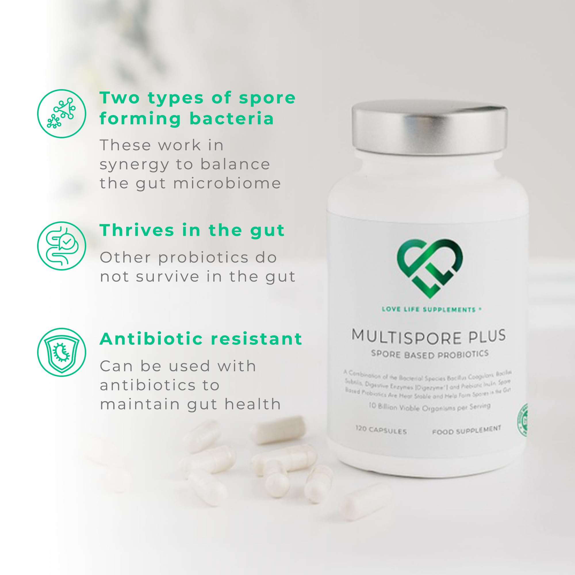 Love Life Supplements MultiSpore Plus capsules closeup: 10 billion viable organisms per serving.
