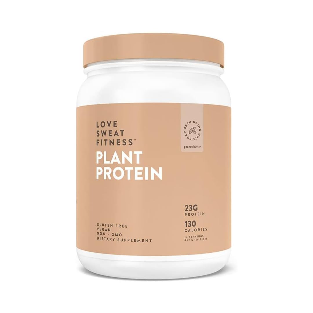 Love Sweat Fitness organic vegan protein peanut butter tub ready for morning shakes