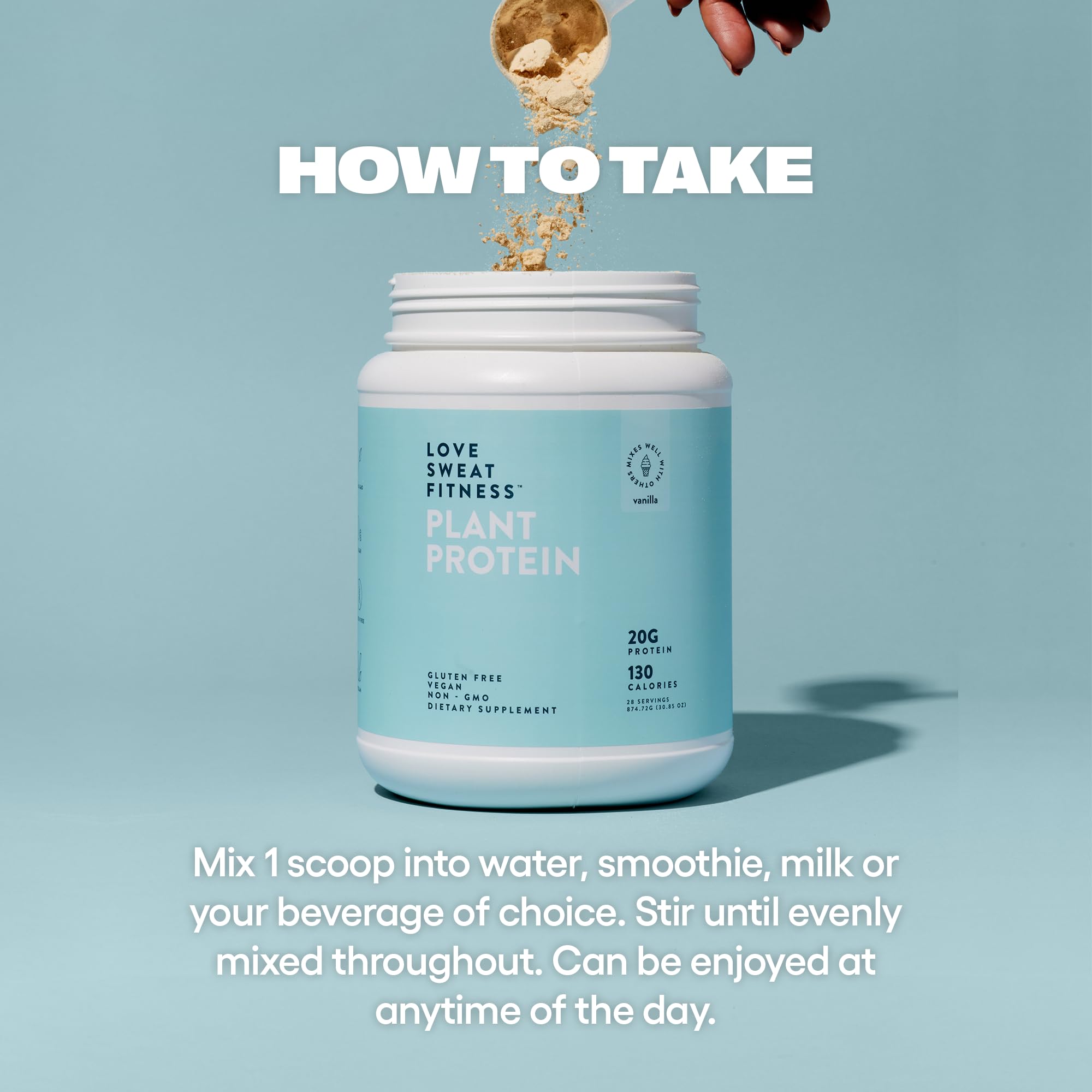 Vanilla vegan protein powder being poured into a glass