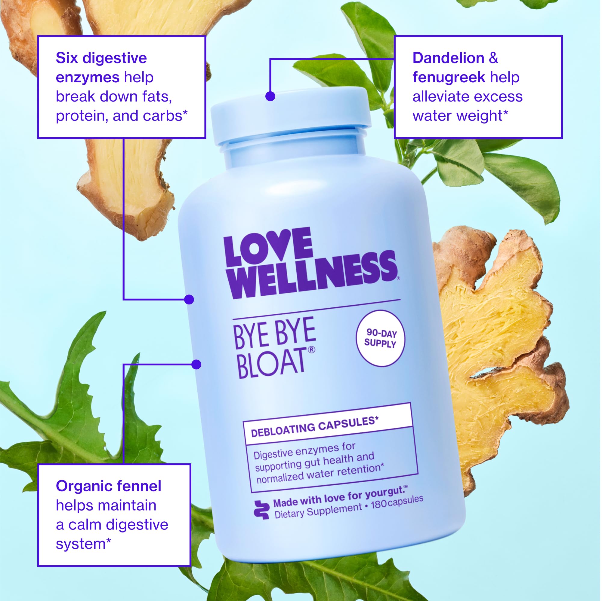 Bye Bye Bloat capsules with 180-count bottle