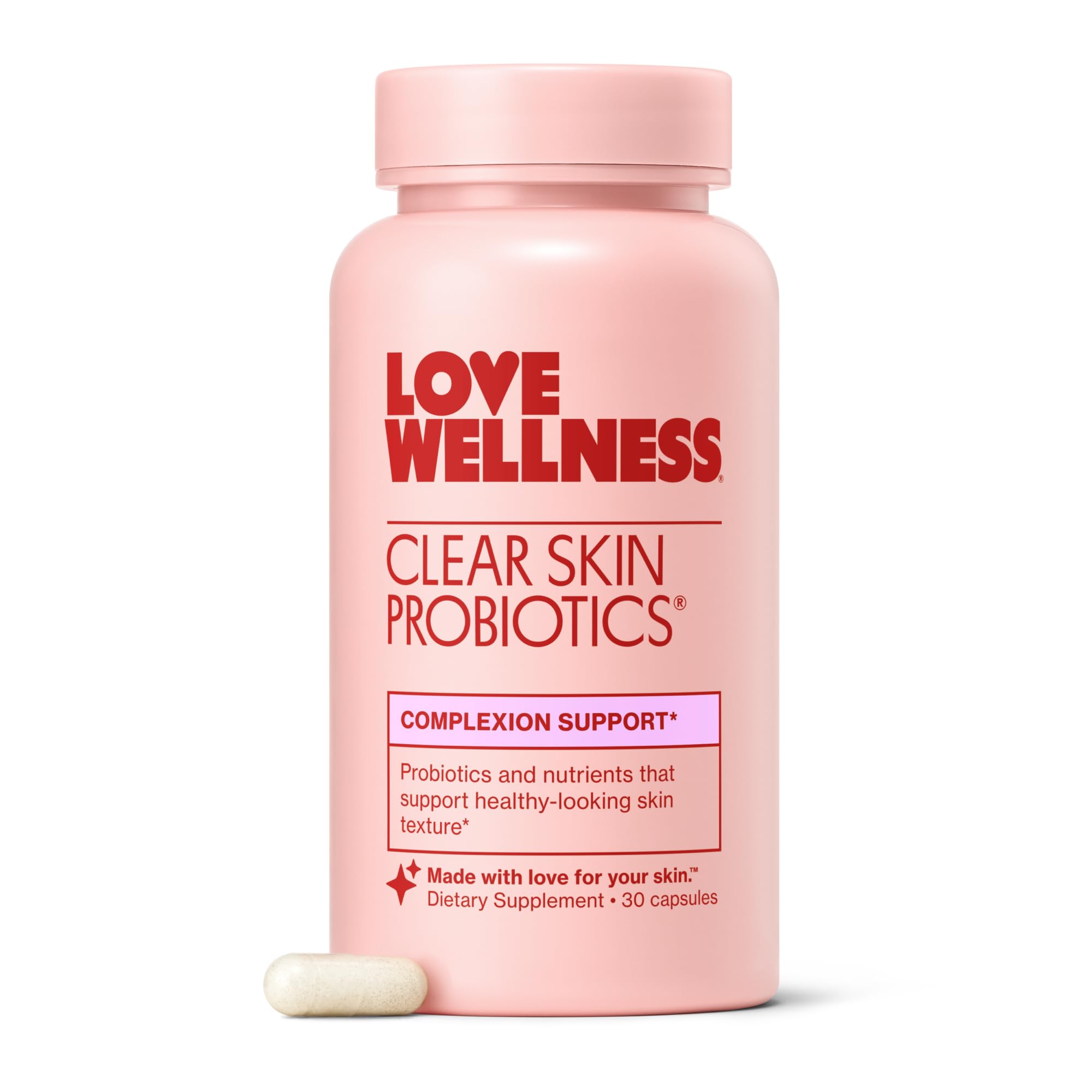 Love Wellness Clear Skin Probiotic bottle front view