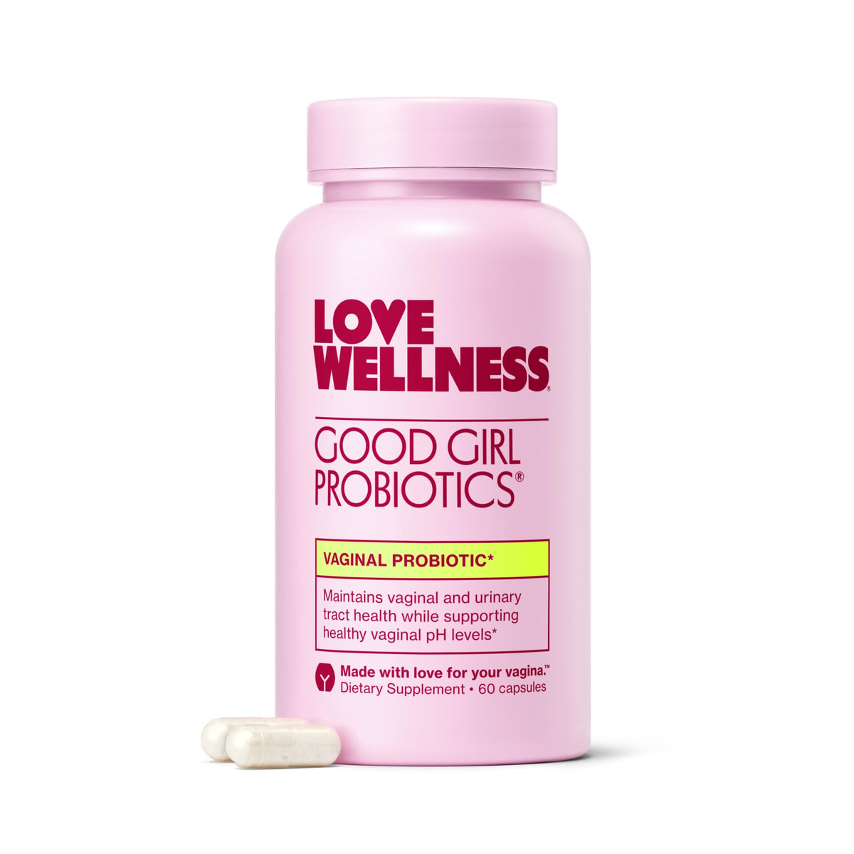Love Wellness Good Girl Probiotics bottle on white background