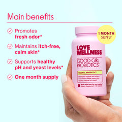 Close-up of Love Wellness Good Girl Probiotics bottle