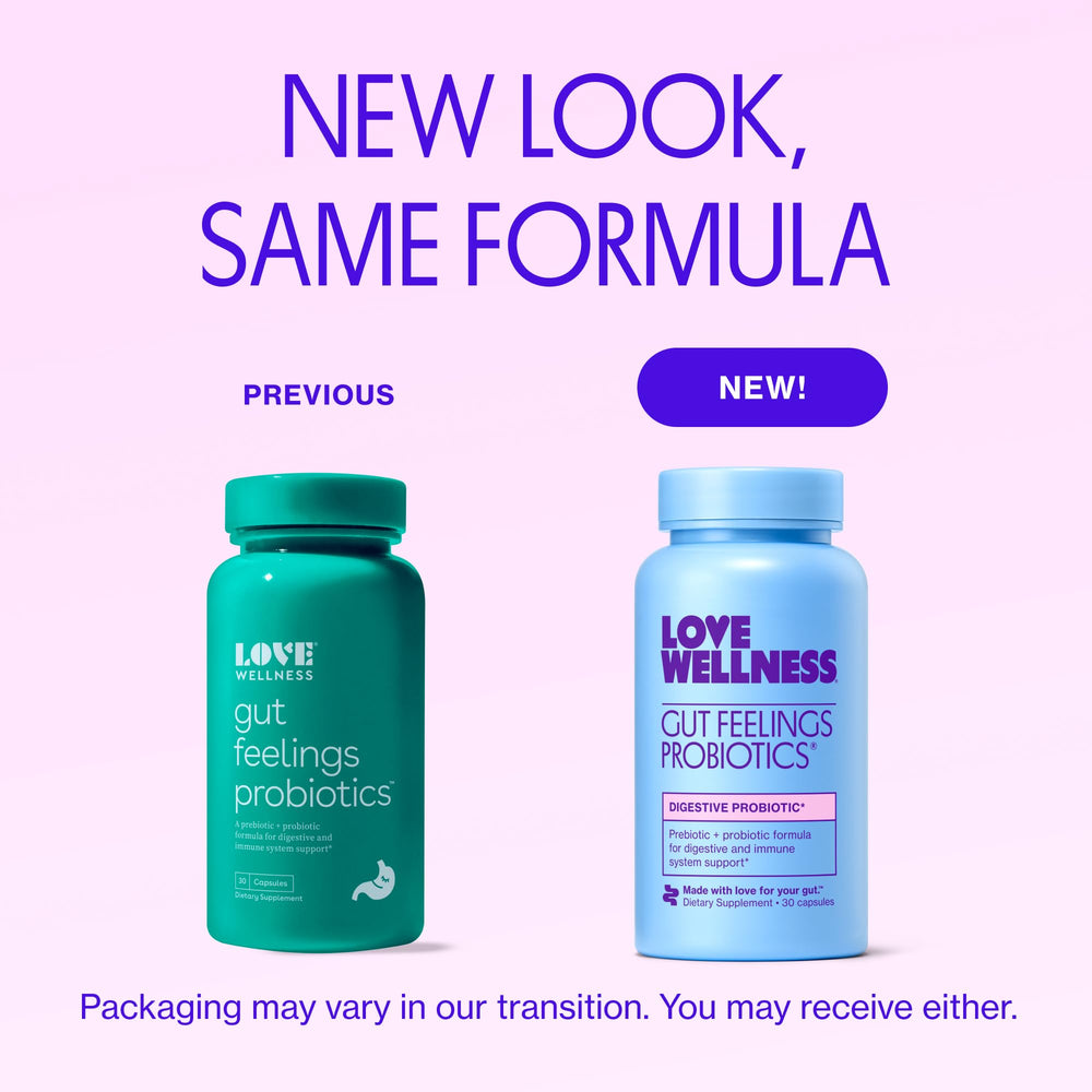 Love Wellness Gut Feelings Probiotic bottle with label