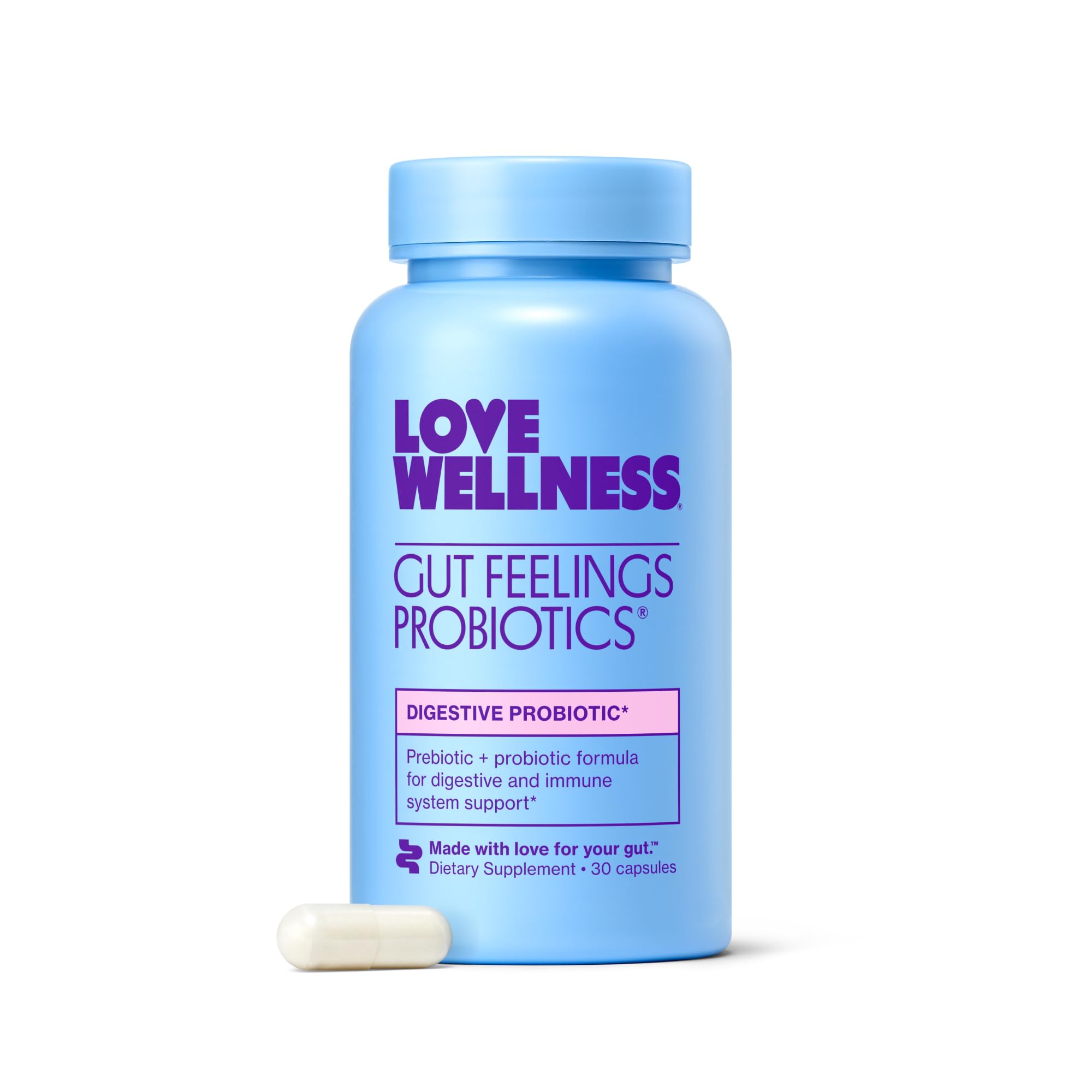 Front view of Love Wellness Gut Feelings Probiotic bottle