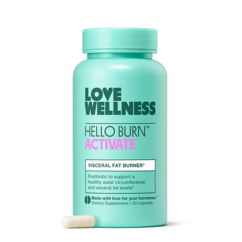 Bottle of Love Wellness Hello Burn Activate with label