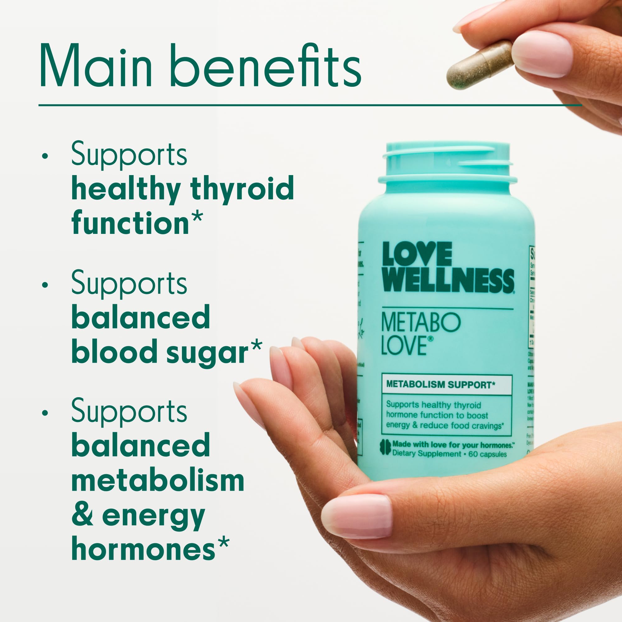 Metabolove packaging and bottle on white background