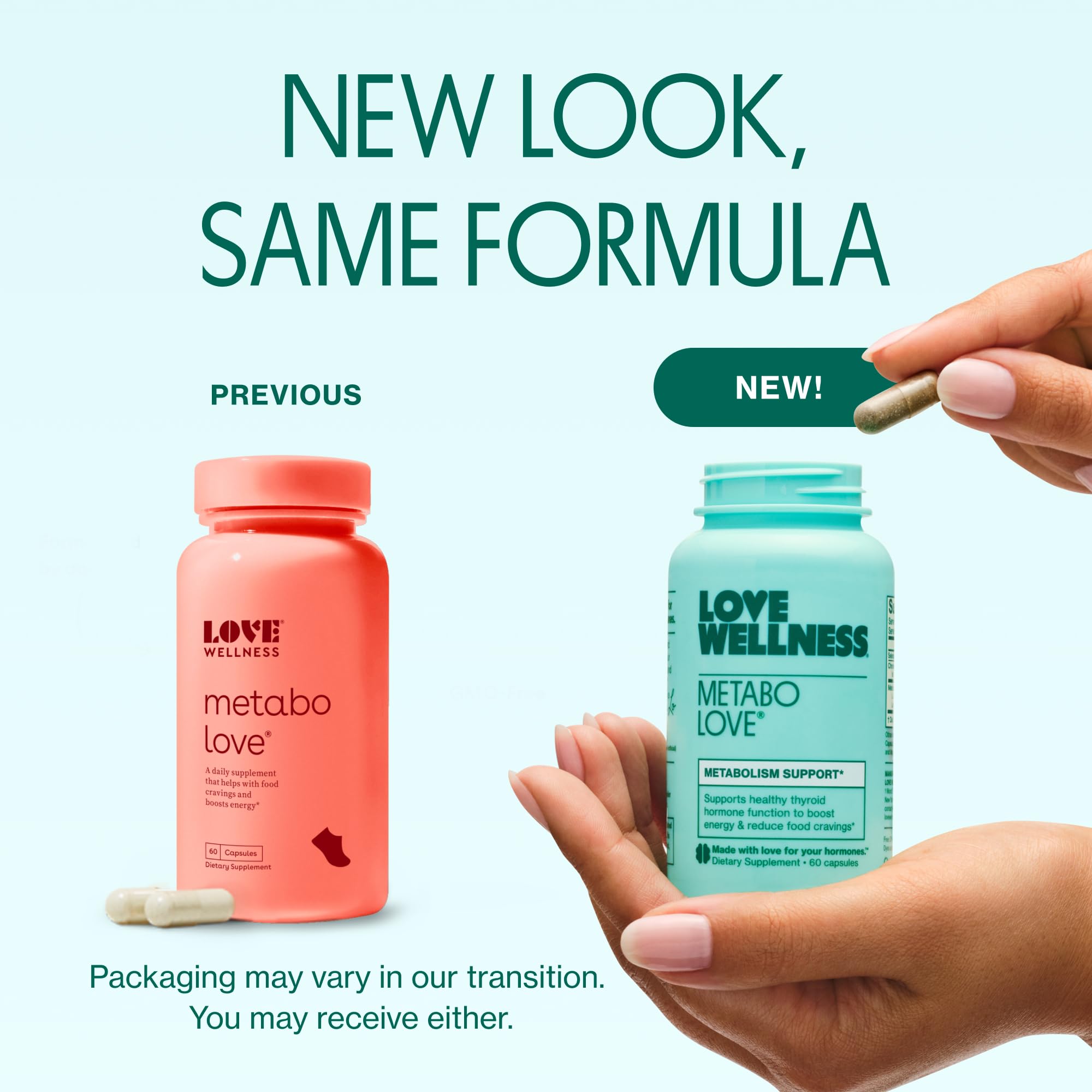 Metabolove capsules next to bottle on clean surface