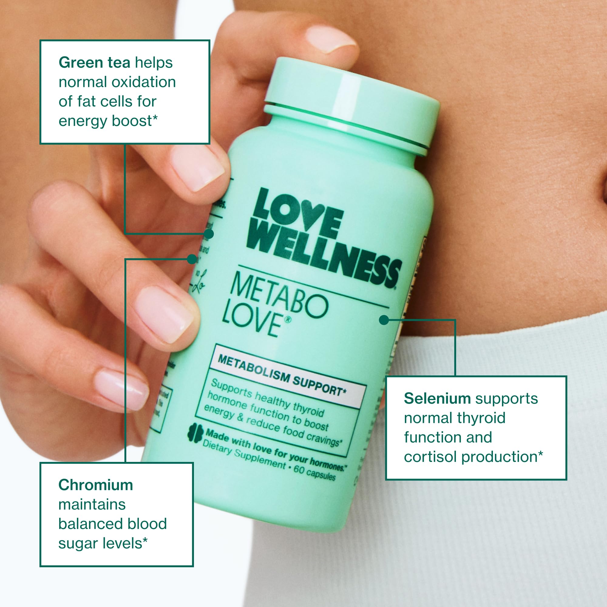 Love Wellness Metabolove green tea and selenium ingredients support metabolism and cravings.