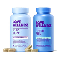 Love Wellness Universal Gut Duo bottle featuring Bye Bye Bloat and Sparkle Fiber